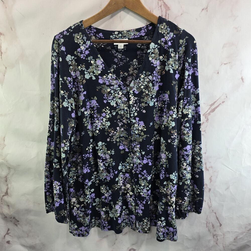 J Jill Shirt Women Medium Petite Blue White Floral Button Blouse V Neck Popover